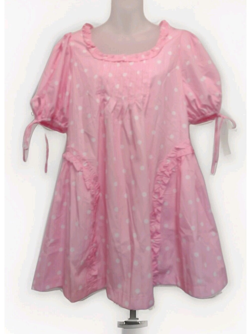 Babydoll Dress Pink Polka Dot Coquette Puff Sleeve Ruffle Trapeze Sz MOversized